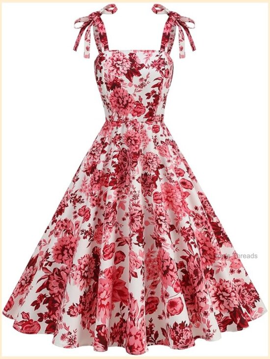 Dresses & Skirts - Elegant Rockabilly 1950s Retro Dress Tie Knot Square Neck Midi Swing Cocktail